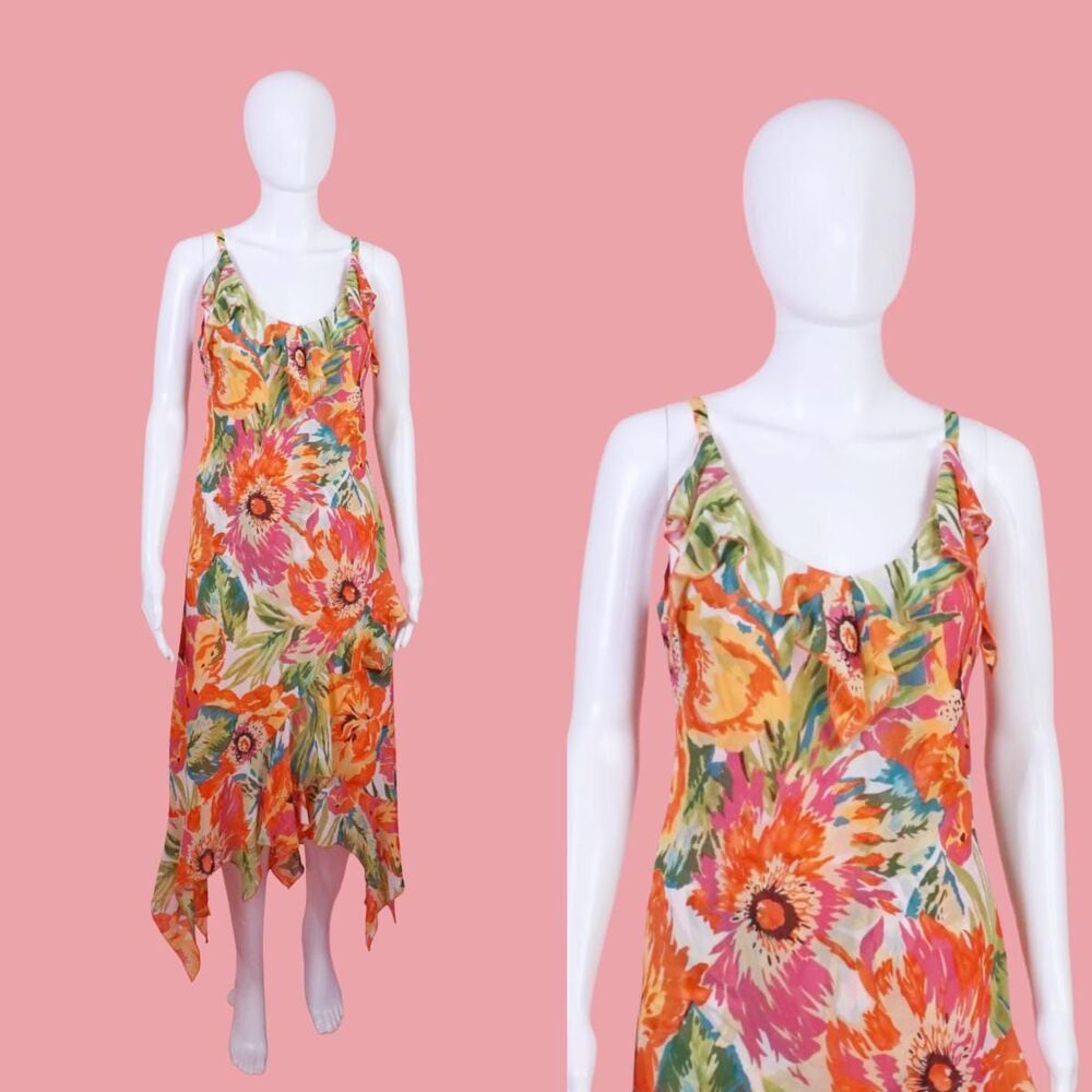 Y2K BANDOLINO Petite Layered  Floral Print Ruffle ASYMMETRICAL Slip Dress. M-L